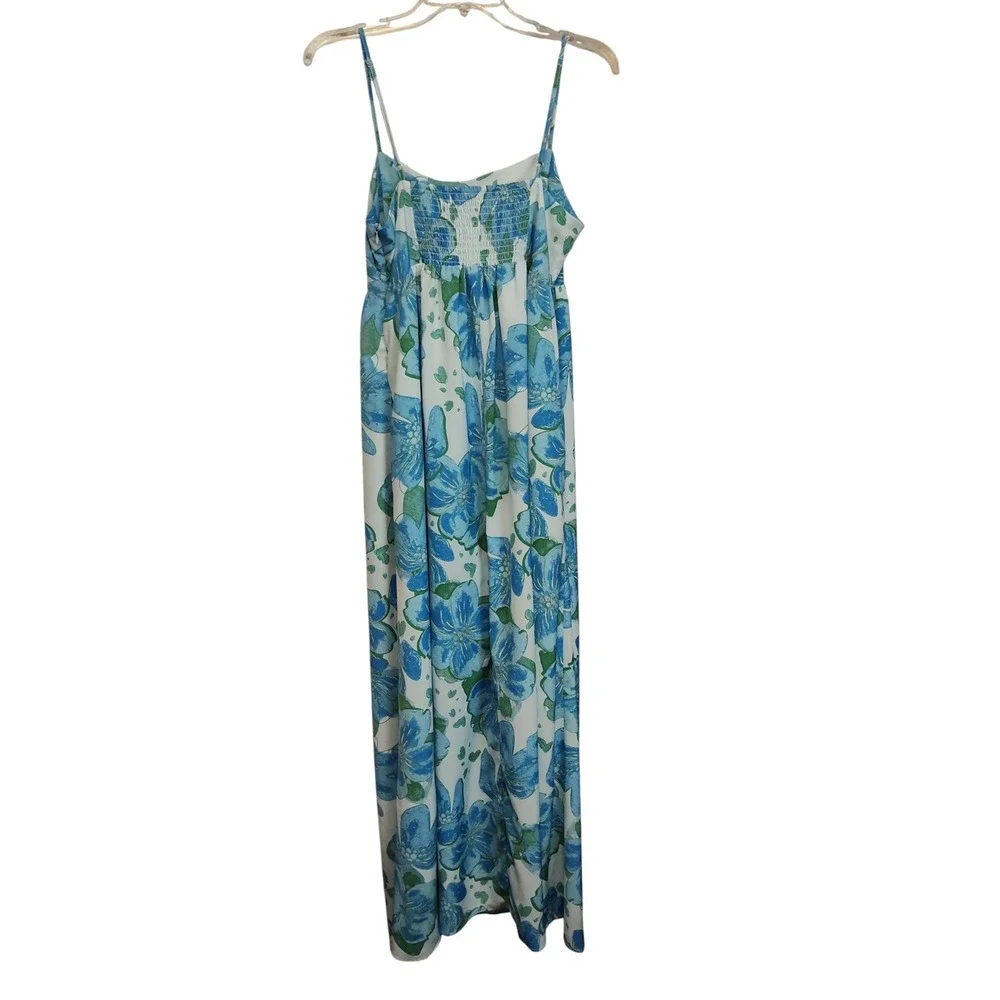 Womens Kori Floral Maxi Dress L BlueWhite Excellent Smocked Back Spaghetti Strap - Picture 3 of 6